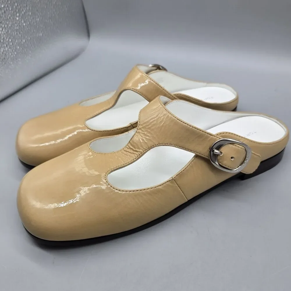 Tory Burch Violet sand patent leather T- Strap Mule slide shoes sz 7 NEW